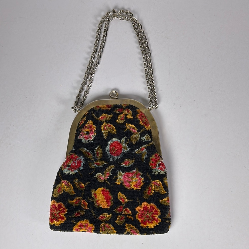 Vintage Needlepoint Carpet Bag with Chain Handles